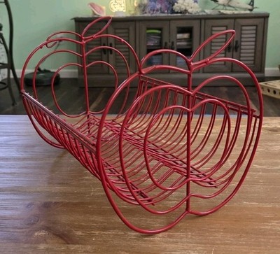 Vintage Retro Red Coated Wire Kitchen Dish Drainer Drying Rack Apple Shaped Ends