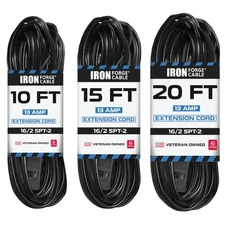 Black Extension Cord 3 Pack, 10ft 15ft & 20ft - 16/2 Durable Electrical Cable