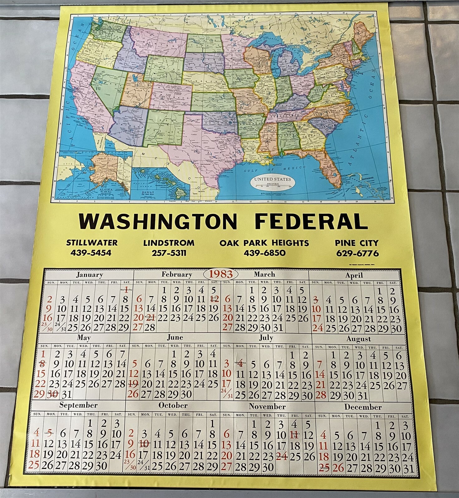 Large 1983 US Map Calendar Washington Federal Bank Oak Park Heights  Stillwater | eBay