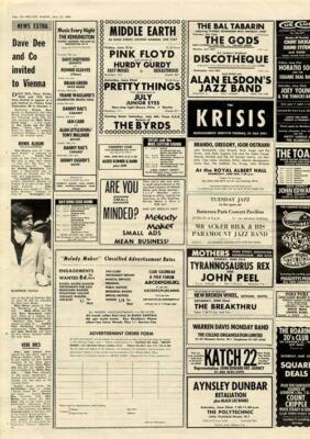 Pink Floyd Pretty Things Byrds T.Rex Aynsley Dunbar Korner MM6 1968 show advert 