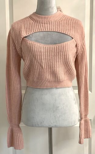 Women’s Open Knit Sweater Cropped Distressed Women’s L Barbie Y2K Warm Cozy