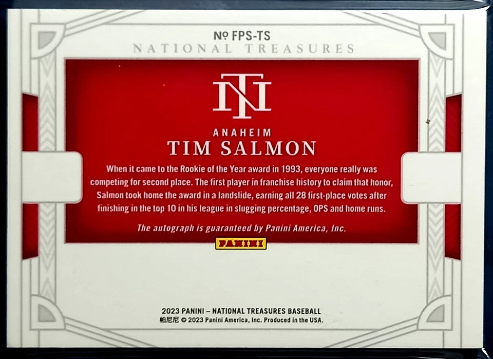 Pase de campo de béisbol Tim Salmon 2023 Panini National Treasures automático #FPS-TS 02/10 Foto 2 de 2