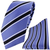 Tigertie Designer Seidenkrawatte +Seideneinstecktuch Blau Schwarz Weiß Gestreift