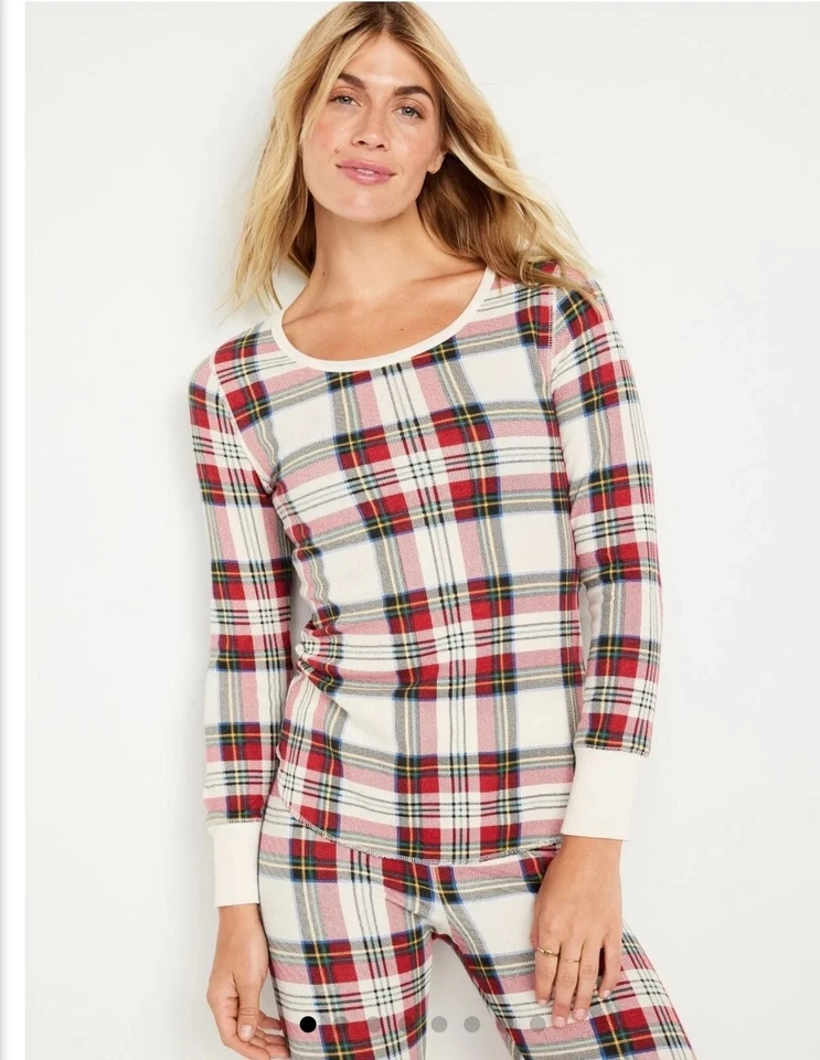 Conjunto de pijama feminino Old Navy tamanho XL vermelho branco xadrez malha de algodão stretch - Imagem 3 de 4
