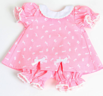 Dolls pink bunny fabric dress and bloomers by Frilly All