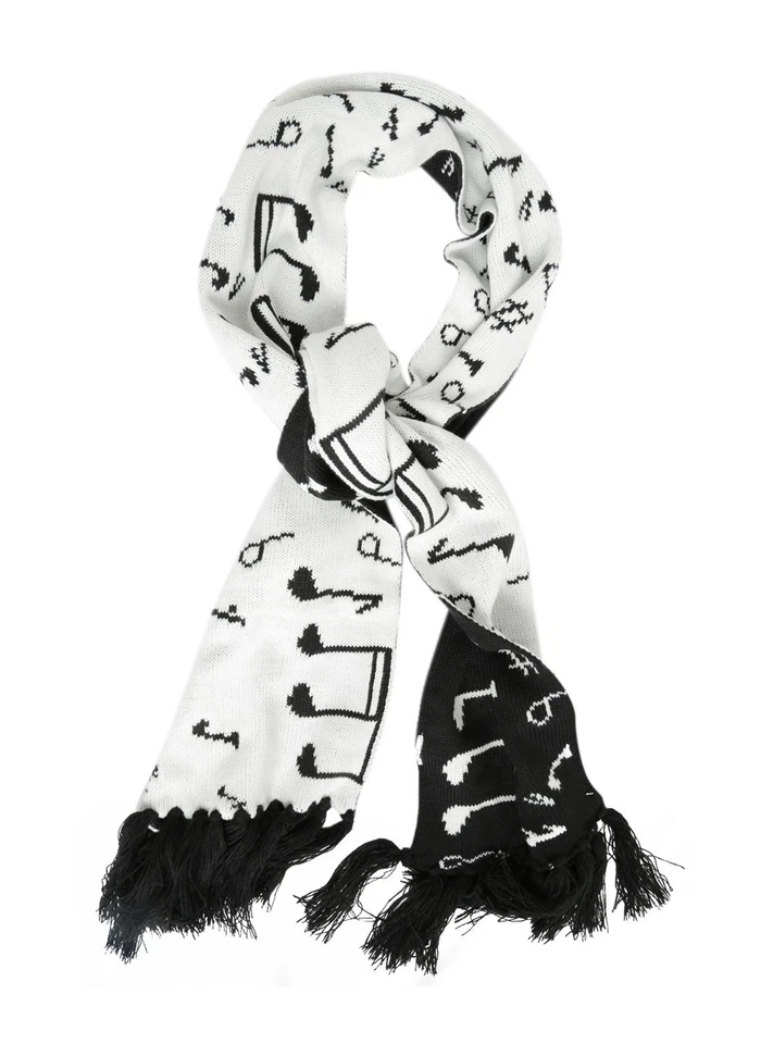 Bufanda de punto con flecos y borlas de 72" de largo con etiquetas con notas musicales blancas y negras con etiquetas Foto 2 de 3