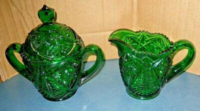 L.E. SMITH GLASS CO, VALTEC EMERALD GREEN CREAMER & LIDDED SUGAR SET LARGE SIZED