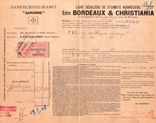 CONNAISSEMENT MARITIME BORDEAUX LALANDE POUR CHRISTIANIA NORVEGE 1906