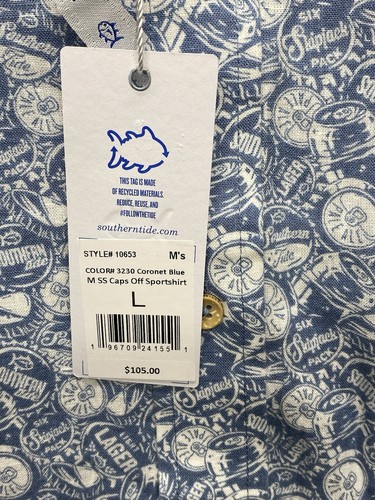 Southern Tide Mens Linen Button Up Shirt Large Blue Caps Off Sportshirt Bar Beer - Picture 4 of 12