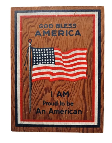 Vintage WWII God Bless America Home Front Wood Plaque Postcard Patriotic Art CA