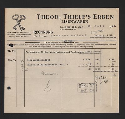 Leipzig, invoice 1936, Theod. Thiele's Heirs Hardware