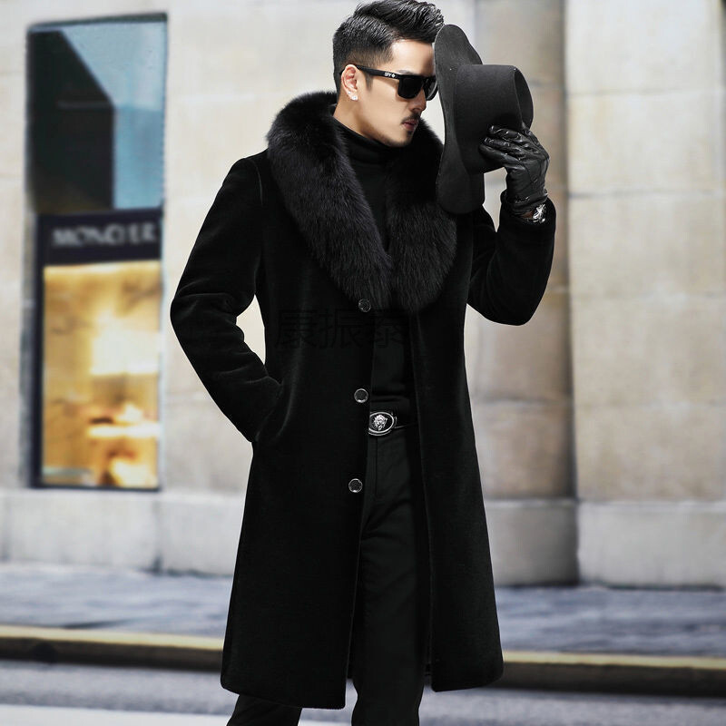 Winter Mens Faux Fox Fur Collar Mink Fur Mid Long Coat Overcoats