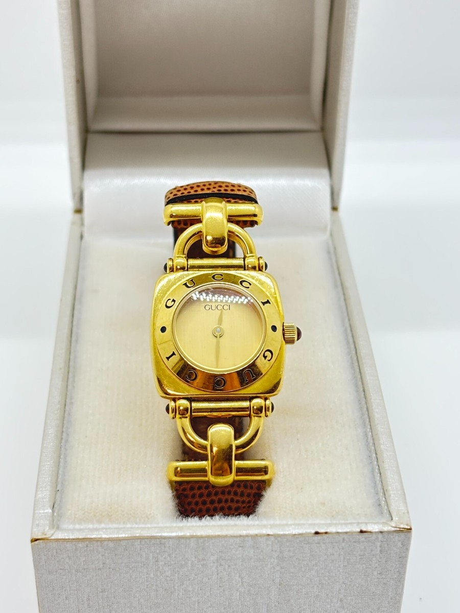 Exc+5 w/Box] GUCCI 6300L Brown Strap Quartz Women's Watch Gold