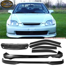 Fits 99-00 Honda Civic 4Dr T-R Front Rear Bumper Lip + Grill + Sun Window Visor