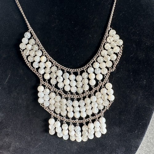Vintage Statement Necklace Fashion Jewelry Beaded Silver Tone Beige Whimsigoth - Picture 3 of 12