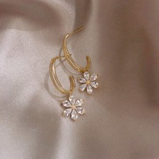 Womens Earrings Gold Plated Drop Hoop Flower Plant Crystal Trendy Modern NEW 