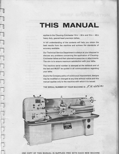 LATHE INSTRUCTION & PARTS MANUAL FITS Clausing-Colchester 15 X 30 & 15 X 48 - Picture 2 of 10