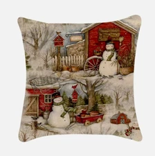 Snowman Winter Scene Vintage Christmas Throw Pillow Cover Winter Holiday Decor