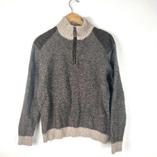 Herren Vintage Talbots Pullover Gr. M / L Wolle Quarter Zip Patches Braun Opa