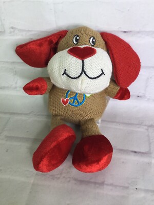 Dan Dee Puppy Dog Knit Plush Stuffed Animal Toy Red Brown Hearts Peace Sign 2011