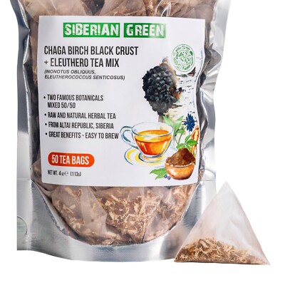 Siberian Chaga Tea with Eleuthero Root | 50 Tea Bags for Energy & Wellness