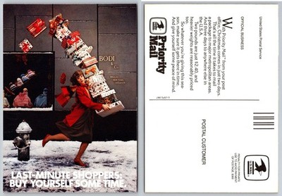 1987 USPS Priority Mail Christmas Shopping Woman Falling Presents Postcard
