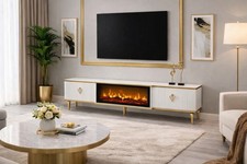TV Stand for TVs Up to 88 with Fireplace FREE DELIVERY White-Gold with storage 
