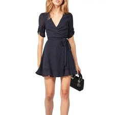 Reformation Monica Mini Wrap Dress in Navy Blue Polka Dot EUC