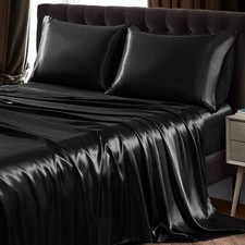 4Pcs Satin Set Queen Size Ultra Silky Soft Black Satin Queen Bed Sheets with ...