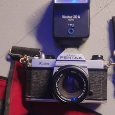 Pentax K1000 35mm Film Camera SMC 50mm f/2 Lens Vivitar 26-A Flash Black Silver