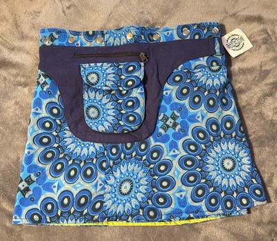 Boho Reversible Wrap Skirt Multi-Color FANNY PACK LG/XL Blue Green Adjustable