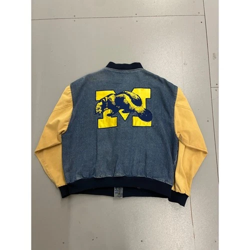 Vintage Team Admit One Michigan Wolverines Denim Varsity Jacket Blue Yellow XL image 2
