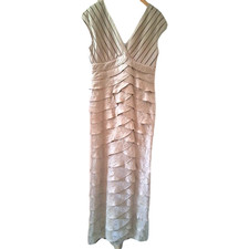 Adrianna Papell Gold Shimmer Tiered Ruffledl Sleeveless Long Dress Gown 12 Read