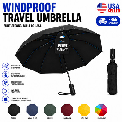 GORILLA GRIP Strong Windproof Stick Compact Umbrella for Rain, One-Click Automat