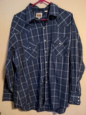 Men's ELY CATTLEMAN Vintage Dark Blue Plaid Western Pearl Snap Up Shirt XL