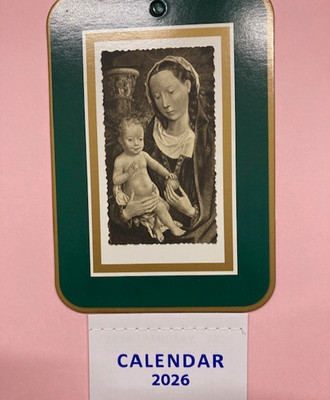 TRADITIONELLER 4''x5'' BRETTKALENDER mit 2027 Registerkarte: JUNGFRAU & KIND von HANS MEMLING um 1490