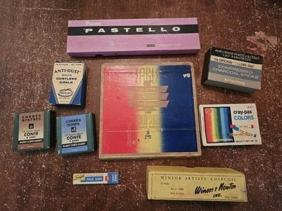 Vtg Art Suppli Chalk Charcoal Crayons Colored Pencils Lot Original Boxes 