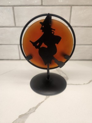 Halloween Flying Witch on Broom Tealight Candle Holder Shilouette  Metal Glass