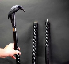 Brass Black Raven Crow Head Handle Walking Stick Spiral Cane With Rubber Tip