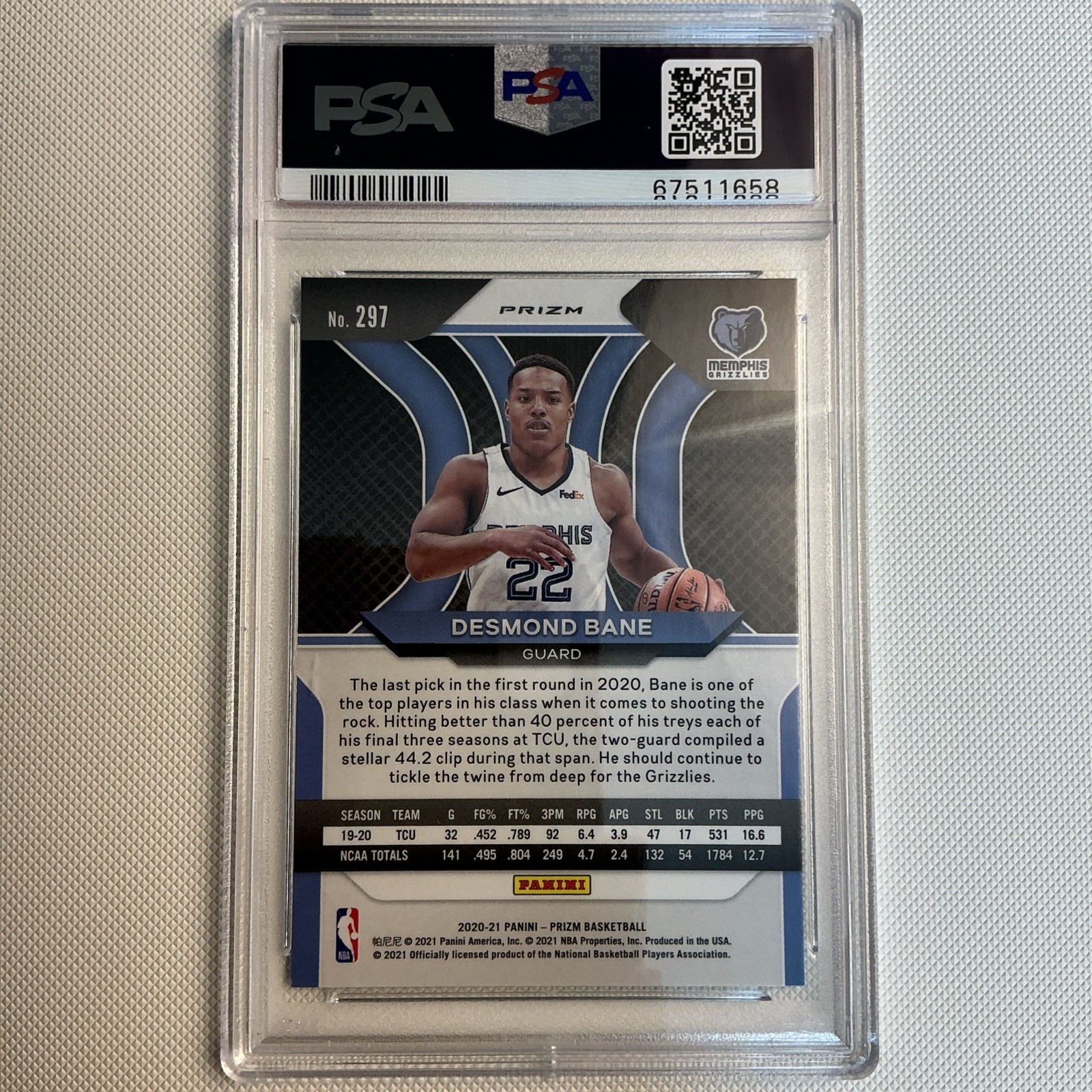 2020 Panini Prizm Desmond Bane #297 RC Green Prizm  PSA 10 view 2