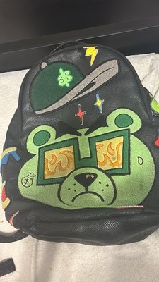 Sprayground Mini Kids Backpack Faux Leather Black Bear Graphic Print Zip