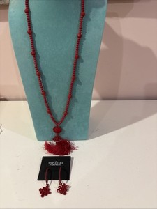 SIMPLY VERA VERA WANG RED CARVED BEADED TASSEL NECKLACE & EARRING SET NWT