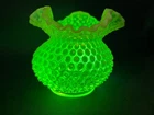 Vintage Fenton Green Uranium Opalescent Hobnail Ruffle Crimped Rose Bowl Vase 5"