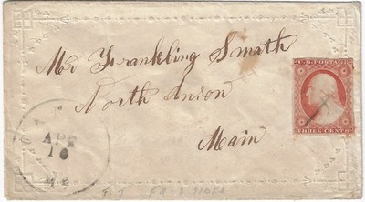 US Scott 11A embossed ladies cover, Canton or Canaan ME to N. Anson ME, (a9255