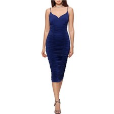 XSCAPE Blue Cocktail Dress Sleeveless Ruched V-Neck Bodycon Midi Sheath Size 6