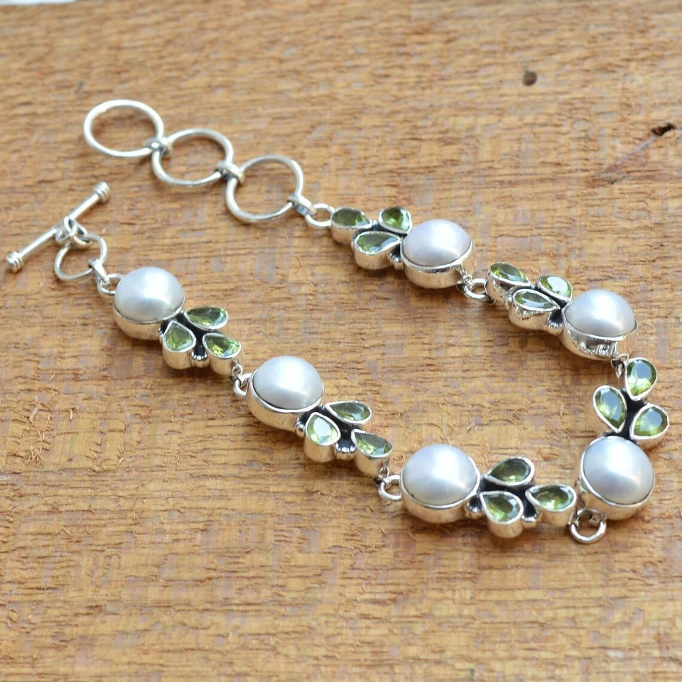 Natural Peridot & Freshwater Pearl 925 Silver Adjustable Bracelet – Gift Idea - Image 4 of 4
