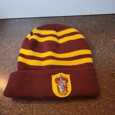 Harry Potter Gryffindor Beanie Hat Maroon/Gold Striped Knitted Crest Patch Logo