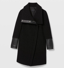 Club Monaco Halli 100% Italian Wool Coat Sz S Lamb Leather Trim Black Asymmetric