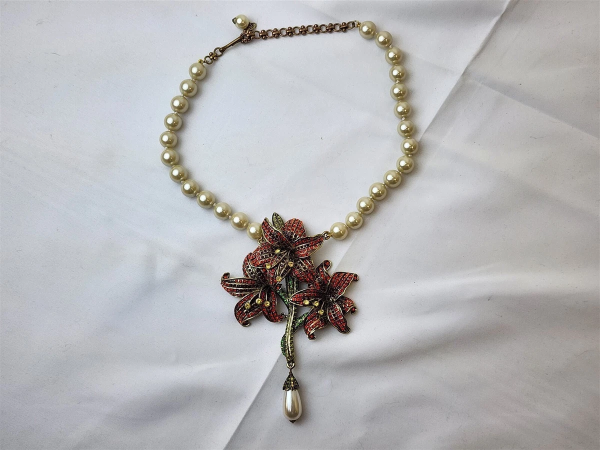 Heidi Daus Alluring Amaryllis Necklace Faux Pearl Red Crystal 3