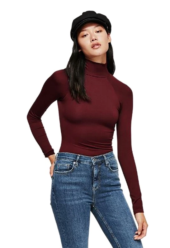 Free People OB873141 Like I Do Wine Backless Stretch Knit Turtleneck Top